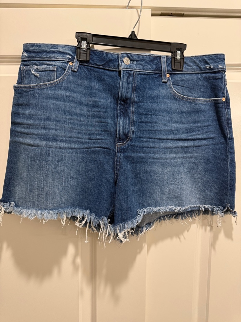 PAIGE Distressed Dark Blue Denim Cutoff Shorts